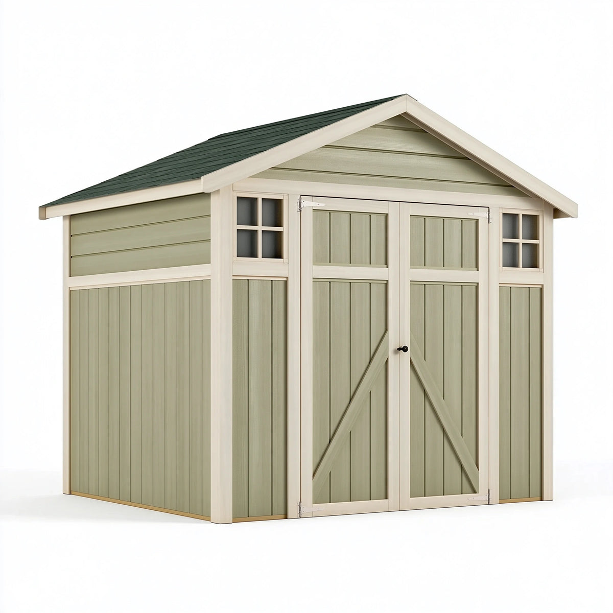 Abri de jardin 300 x 240 x 250 cm en bois vert sauge et beige à double porte