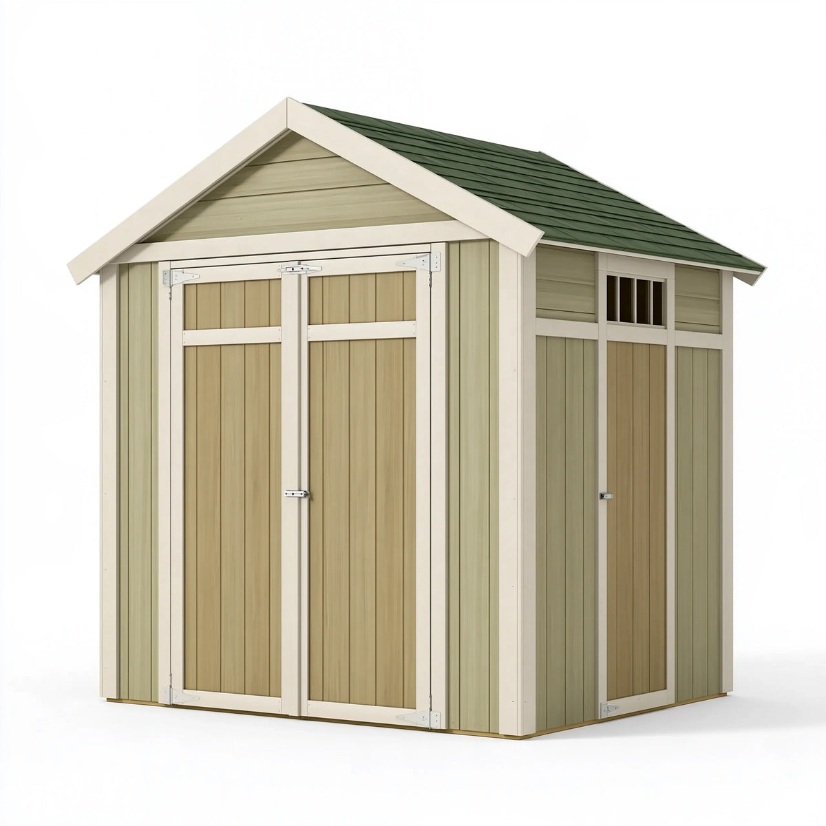 Abri de jardin 180 x 120 x 210 cm en résine beige et vert avec double porte