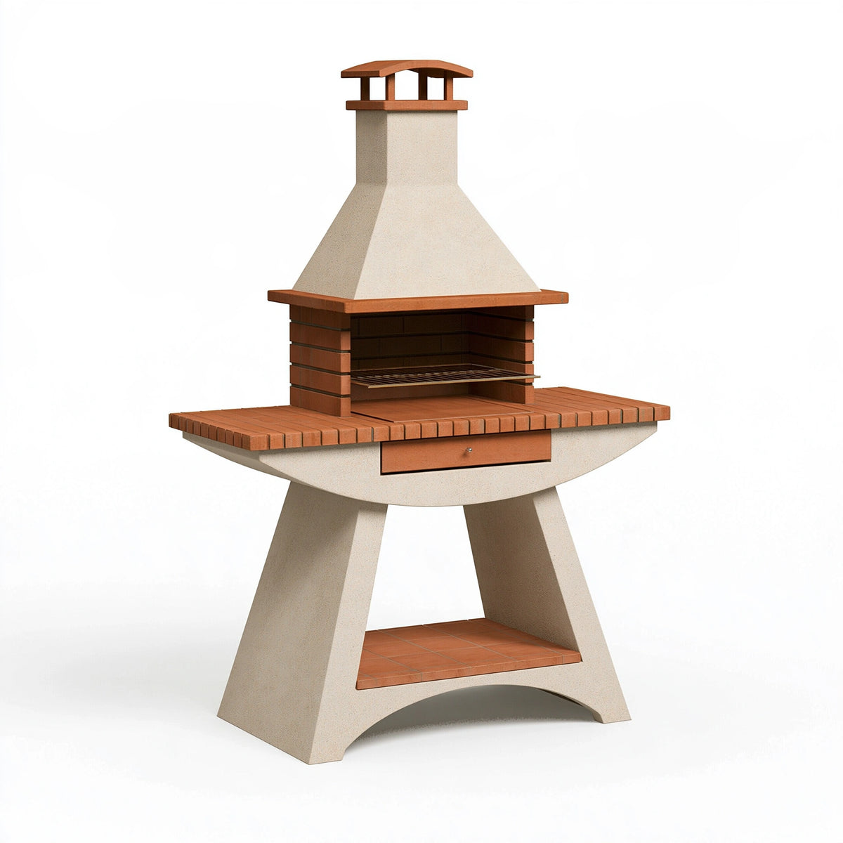 Barbecue de jardin 150 x 90 x 250 cm en béton beige et terre cuite avec cheminée style rustique