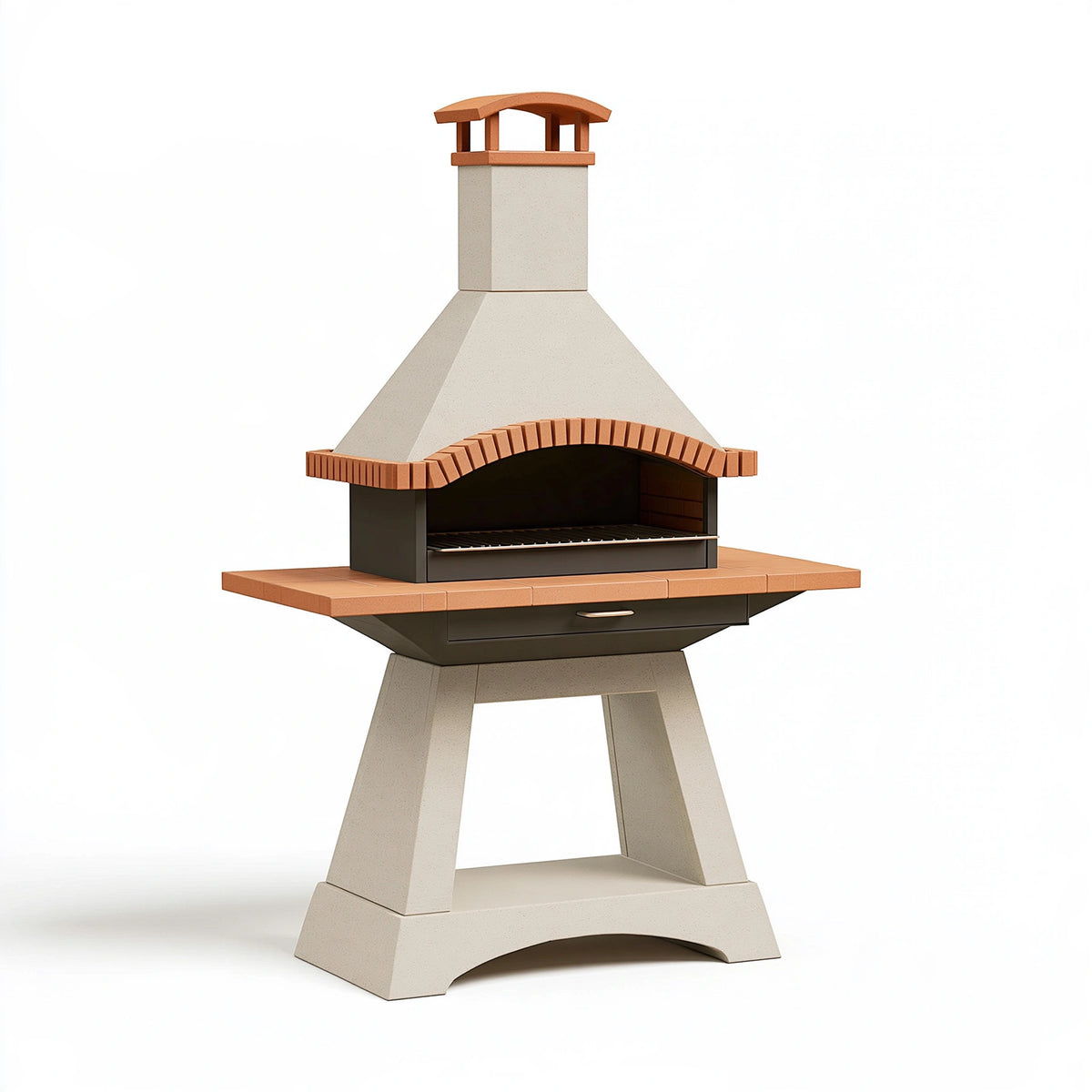 Barbecue de jardin 120 x 70 x 220 cm en béton beige et acier brun avec cheminée