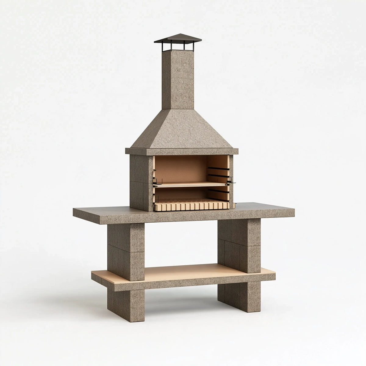 Barbecue de jardin 120 x 70 x 250 cm en béton gris avec cheminée et grille réglable