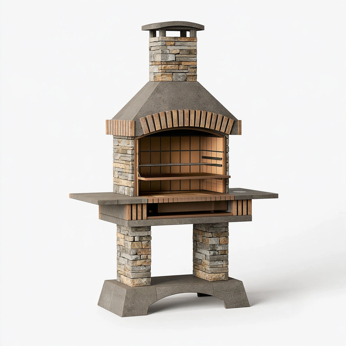 Barbecue fixe 160 x 80 x 260 cm en béton et pierre gris beige avec foyer à grille
