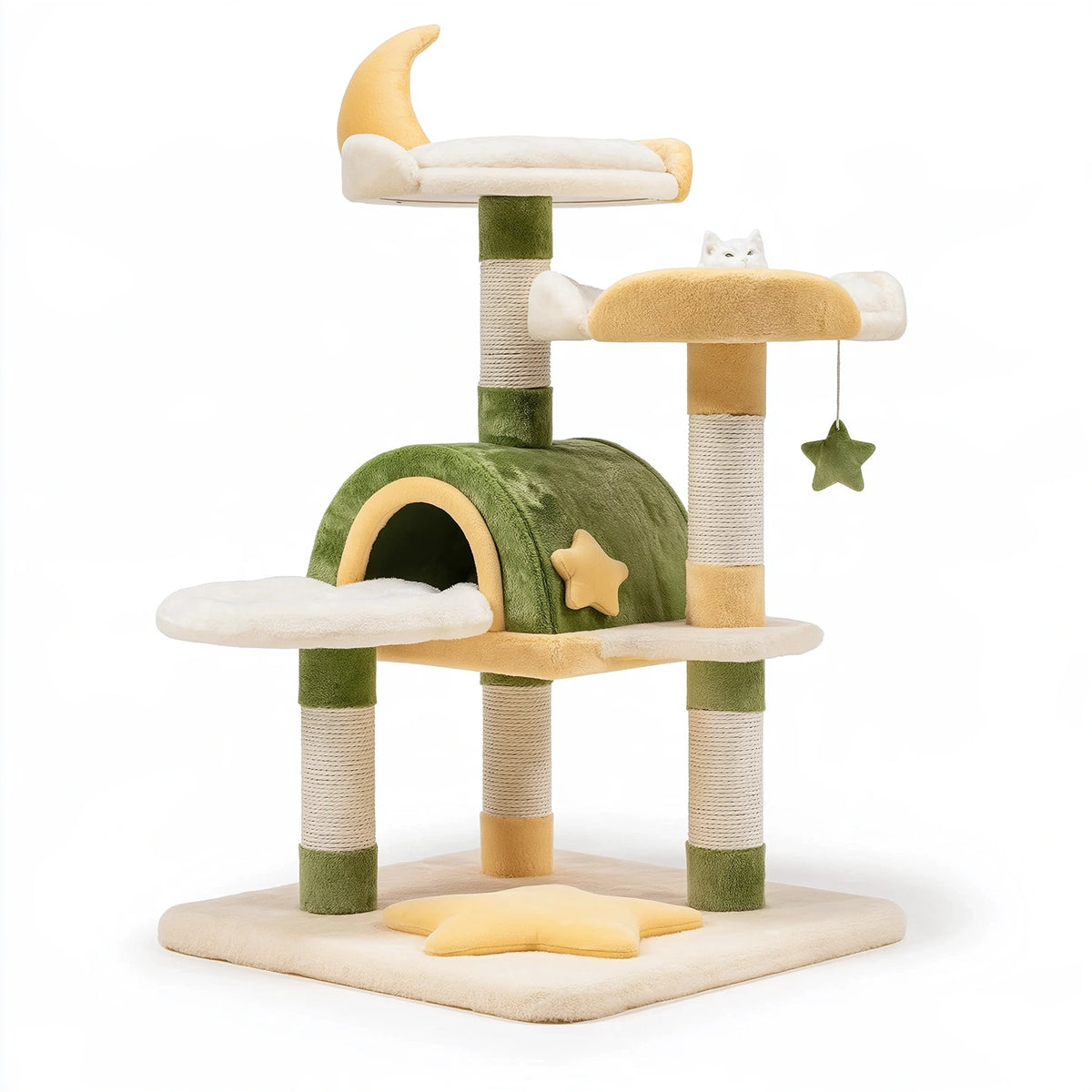 Arbre à chat 60 x 50 x 145 cm en tissu vert et beige avec griffoirs niche et plateformes