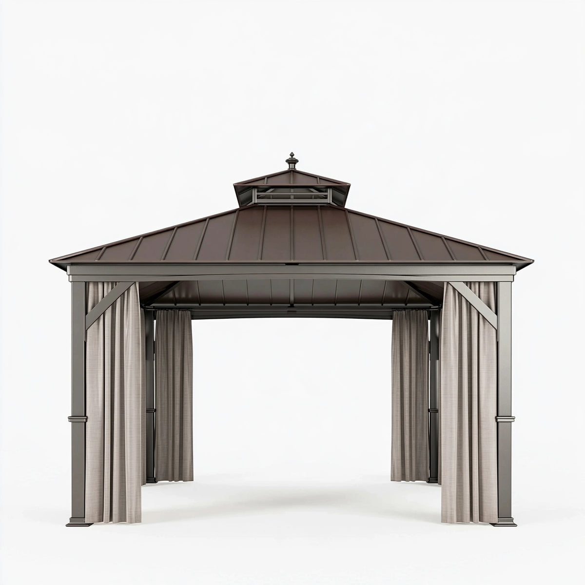 Tonnelle de jardin 300 x 300 x 290 cm en acier gris anthracite avec rideaux toit ventilé