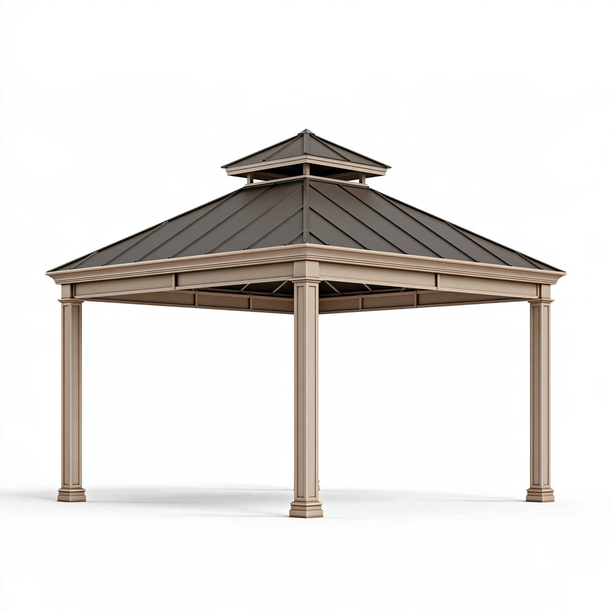 Pavillon de jardin 300 x 300 x 300 cm en métal taupe avec toit double style classique