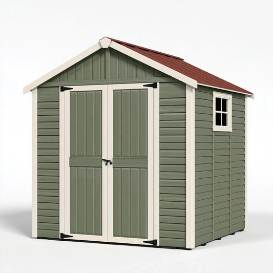 Abri de jardin 214 x 192 x 204 cm en résine vert sauge style chalet avec portes doubles