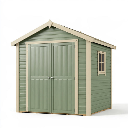 Abri de jardin 240 x 180 x 220 cm en bois vert sauge avec double porte style chalet