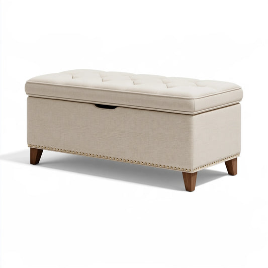 Banc coffre de rangement 100 x 45 x 46 cm en tissu beige avec assise capitonnée style classique