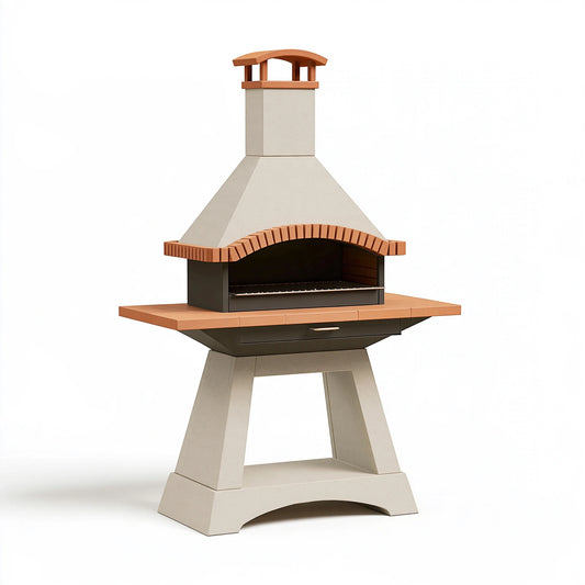 Barbecue de jardin 120 x 70 x 220 cm en béton beige et acier brun avec cheminée
