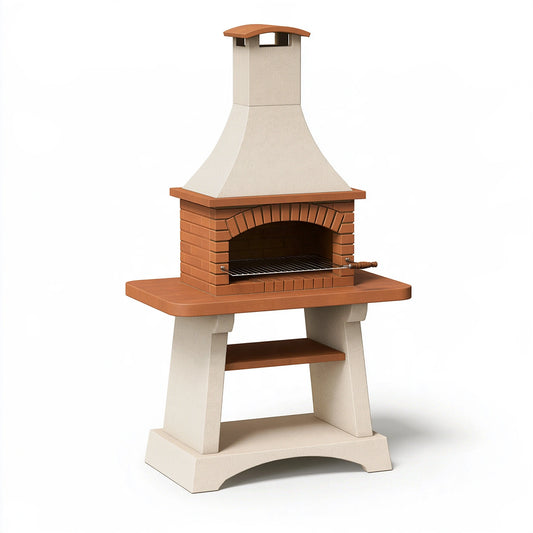 Barbecue de jardin 120 x 70 x 220 cm en brique terracotta et béton beige avec grill réglable style traditionnel