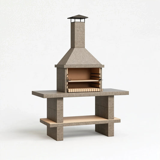 Barbecue de jardin 120 x 70 x 250 cm en béton gris avec cheminée et grille réglable