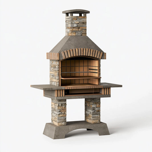 Barbecue fixe 160 x 80 x 260 cm en béton et pierre gris beige avec foyer à grille
