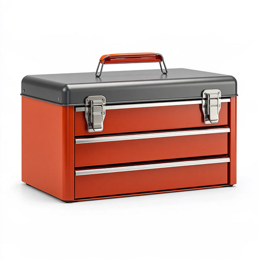Coffre à outils 50 x 25 x 30 cm en acier orange et gris avec tiroirs style industriel