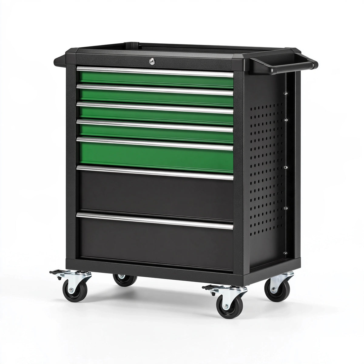 Servante d'atelier 78 x 46 x 98 cm en acier noir et vert avec 7 tiroirs sur roulettes