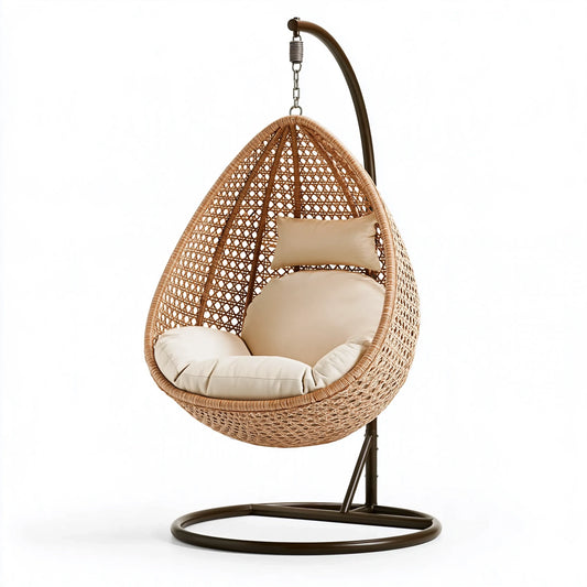 Fauteuil suspendu 105 x 105 x 195 cm en résine tressée naturelle avec support métallique style bohème