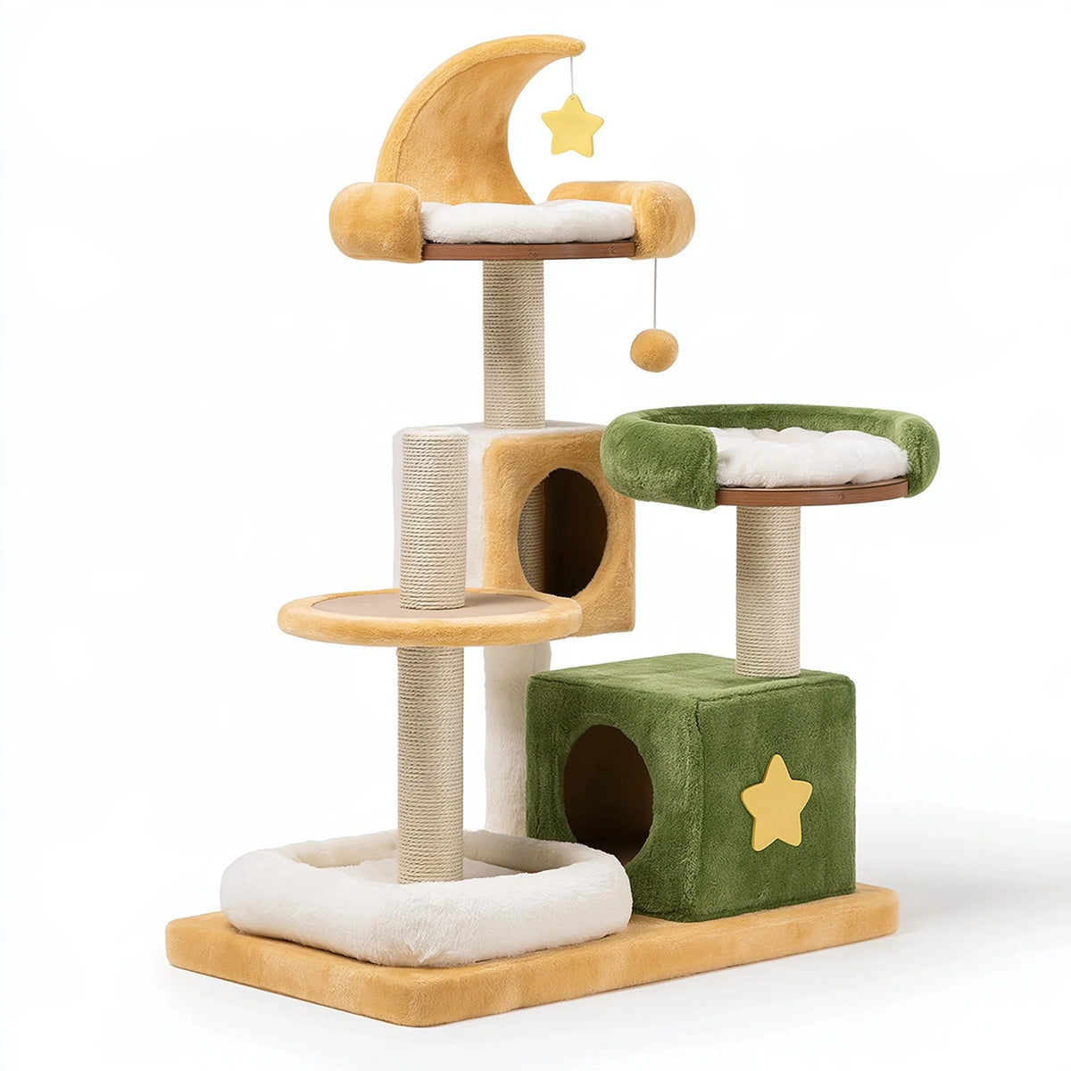 Arbre à chat 60 x 50 x 145 cm en peluche vert beige avec griffoirs et niches