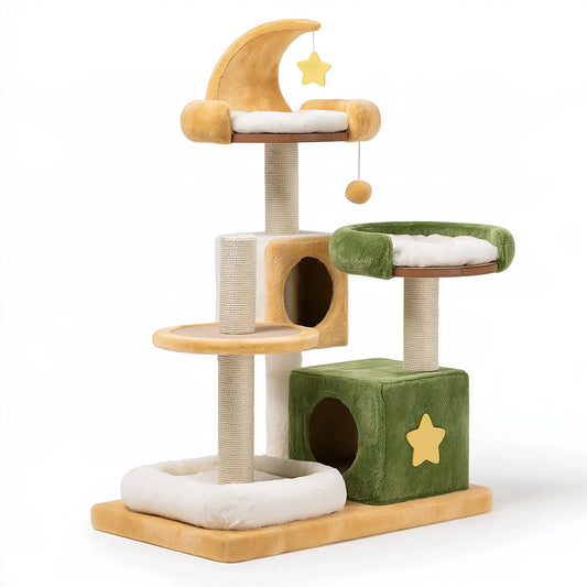 Arbre à chat 60 x 50 x 145 cm en peluche vert beige avec griffoirs et niches