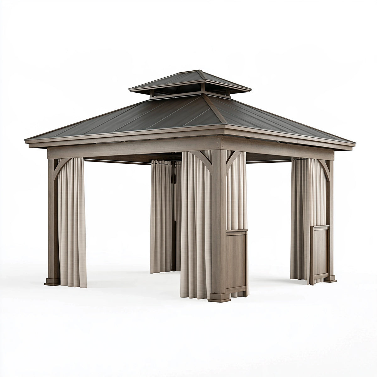 Tonnelle de jardin 300 x 300 x 300 cm en bois brun avec toit double et rideaux