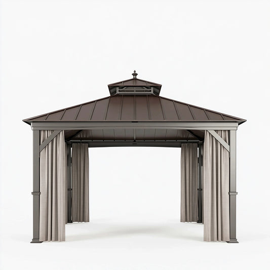 Tonnelle de jardin 300 x 300 x 290 cm en acier gris anthracite avec rideaux toit ventilé