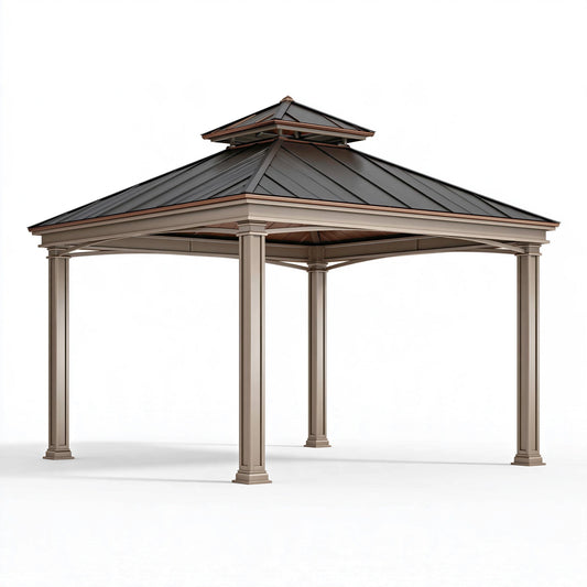 Pavillon de jardin 400 x 400 x 350 cm en métal beige brun avec toit à double niveau