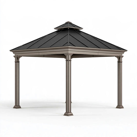 Tonnelle de jardin 300 x 300 cm en métal gris anthracite avec toit pyramidal ventilé