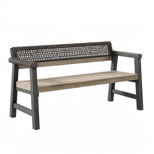 Banc de jardin 120 x 60 x 85 cm en métal et résine tressée gris beige style contemporain