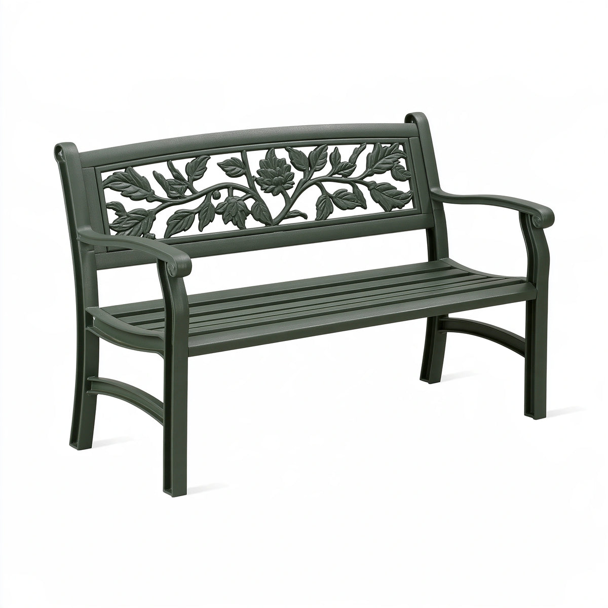 Banc de jardin 122 x 61 x 89 cm en métal vert foncé style classique à motif végétal